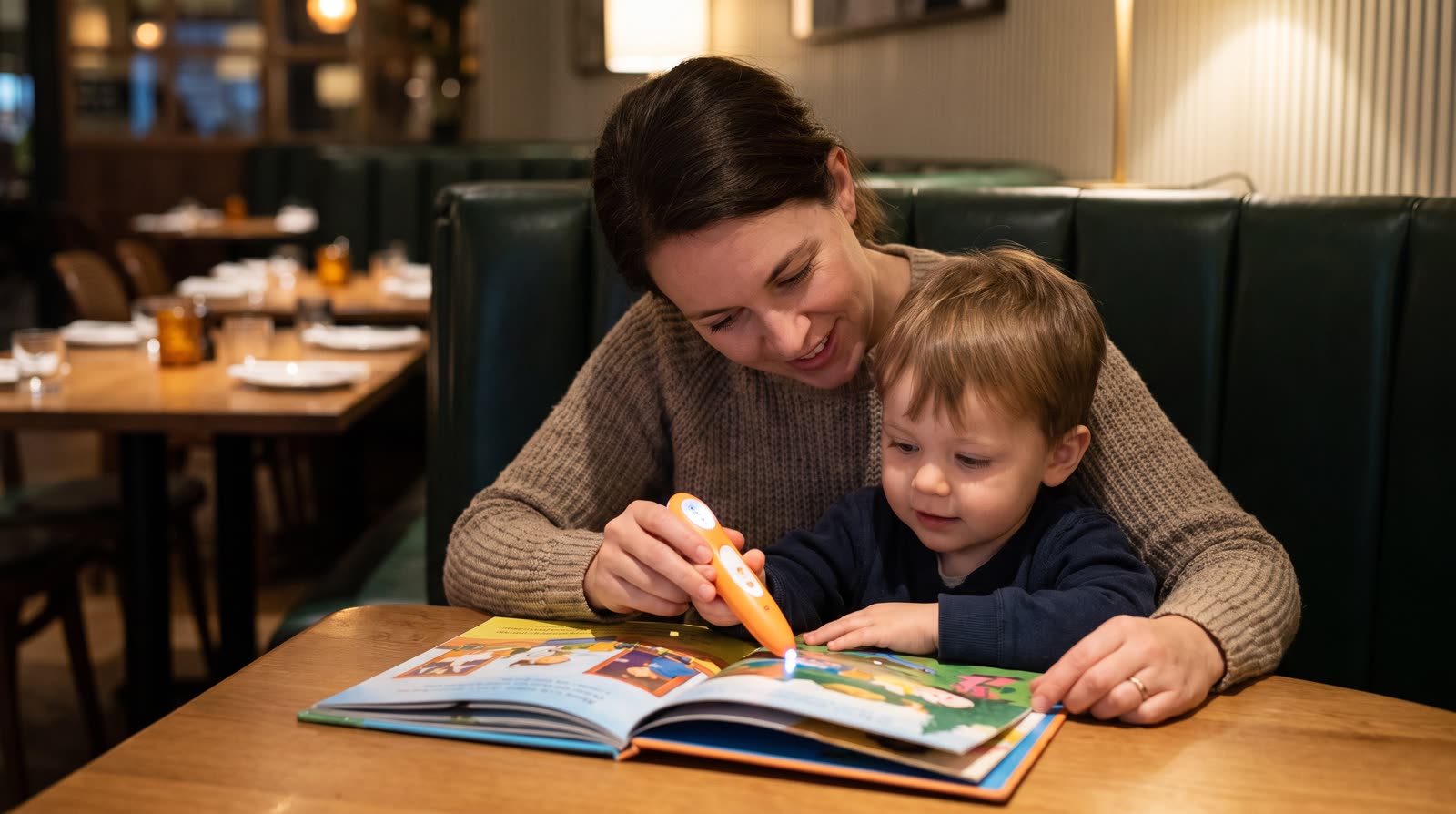 How can parents use reading pen books at a restaurant during quiet time?