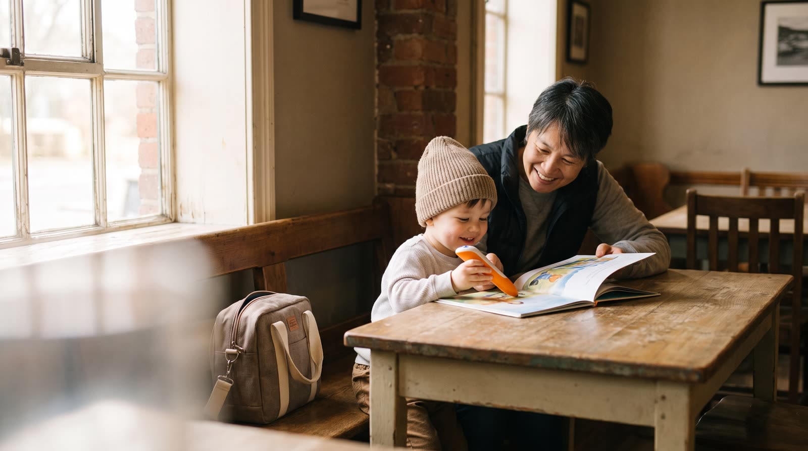 How can parents use reading pen books at a restaurant during travel?