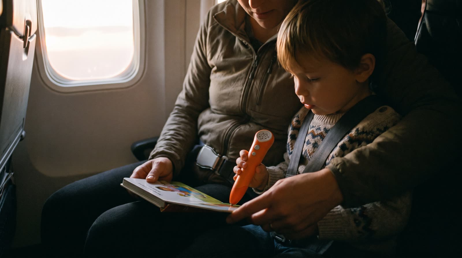 How can parents use reading pen books on an airplane during morning routines?