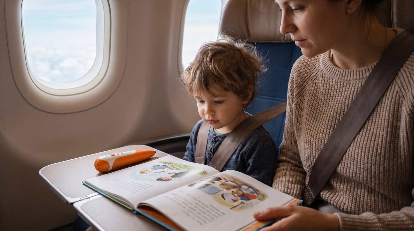 How can parents use reading pen books on an airplane during travel?