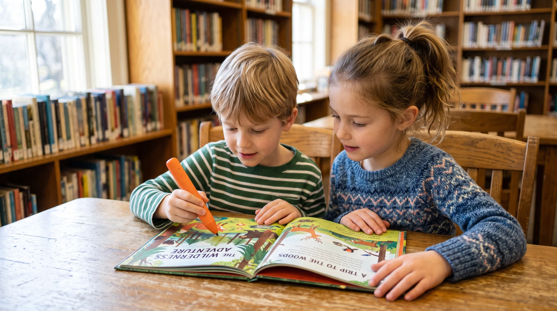 Close-up of a smart talking pen touching a colorful interactive book.