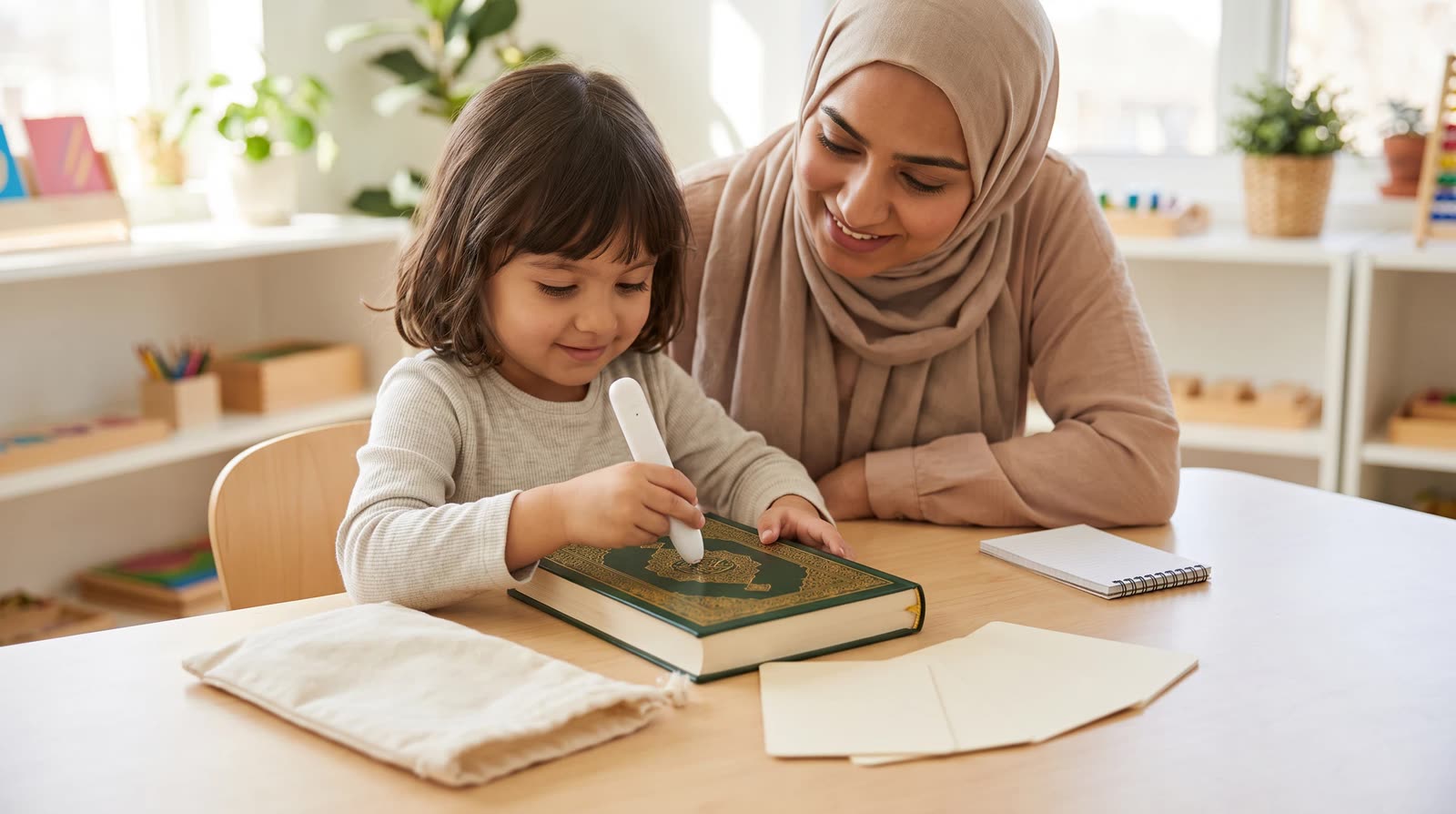 Teacher and child reviewing a Quran learning set with a protective pouch and neutral support card