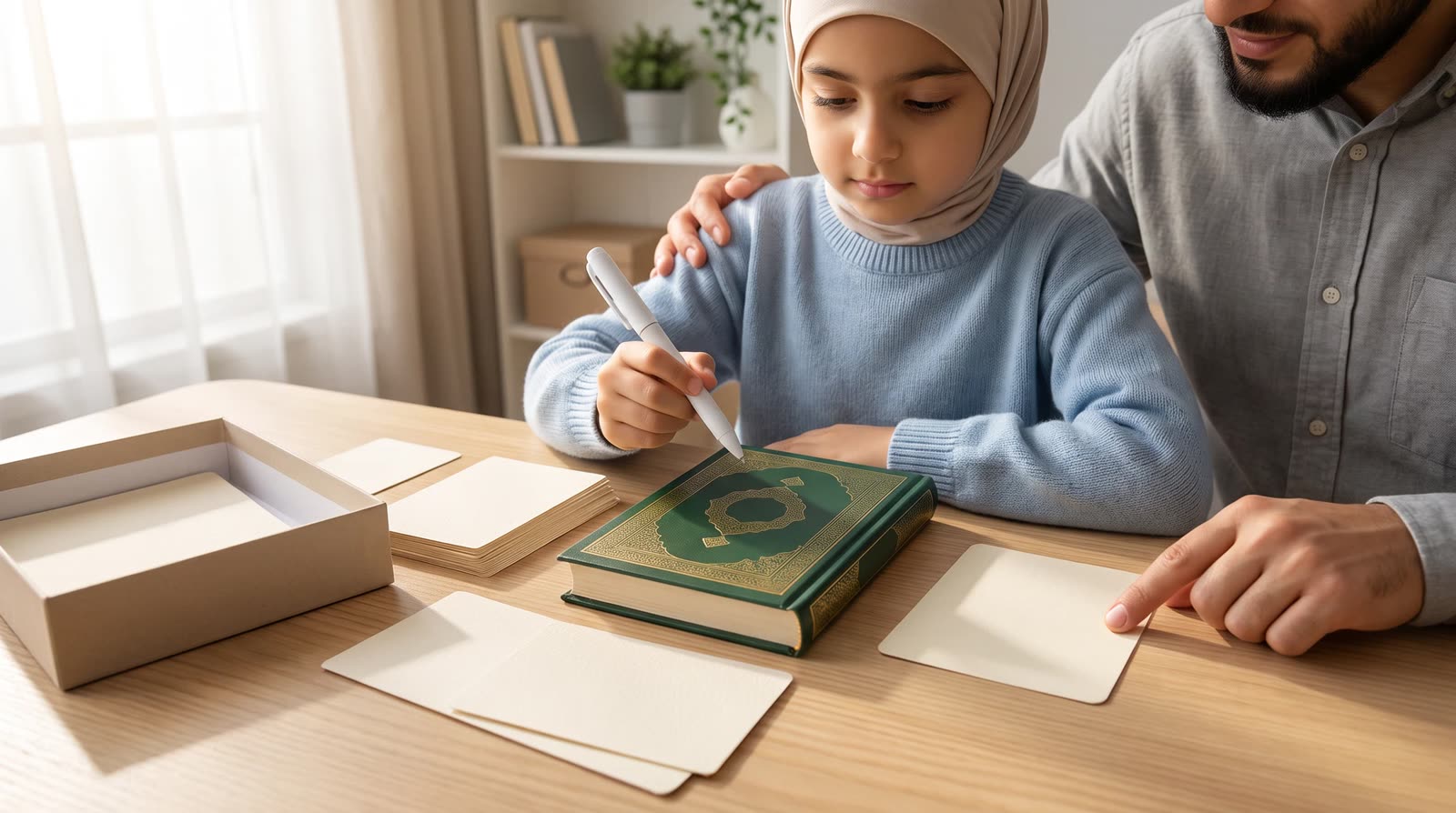Parent and child reviewing a Quran learning set with blank packaging-copy cards