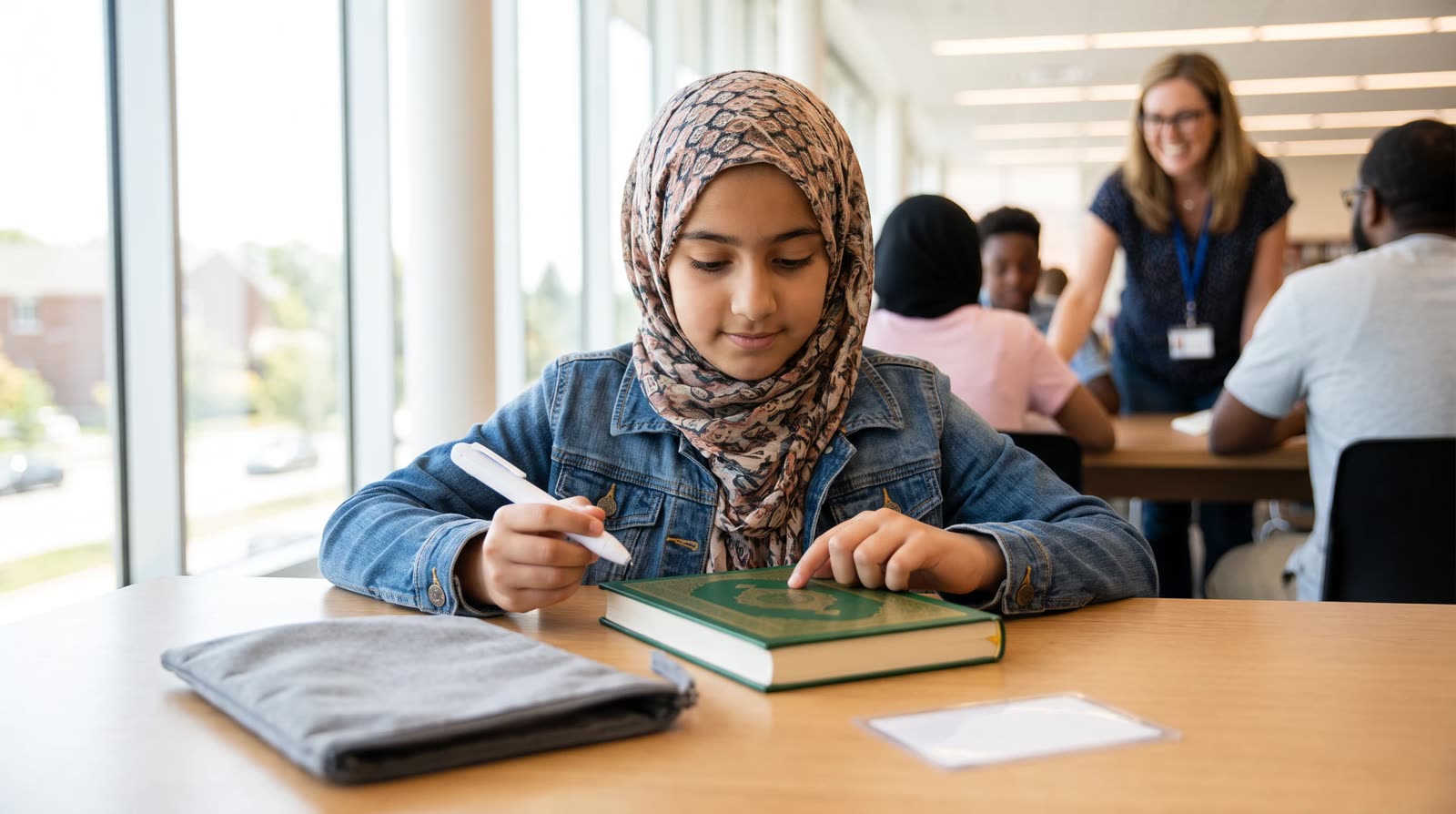 Librarian and child reviewing a protected Quran learning pen set with blank cards