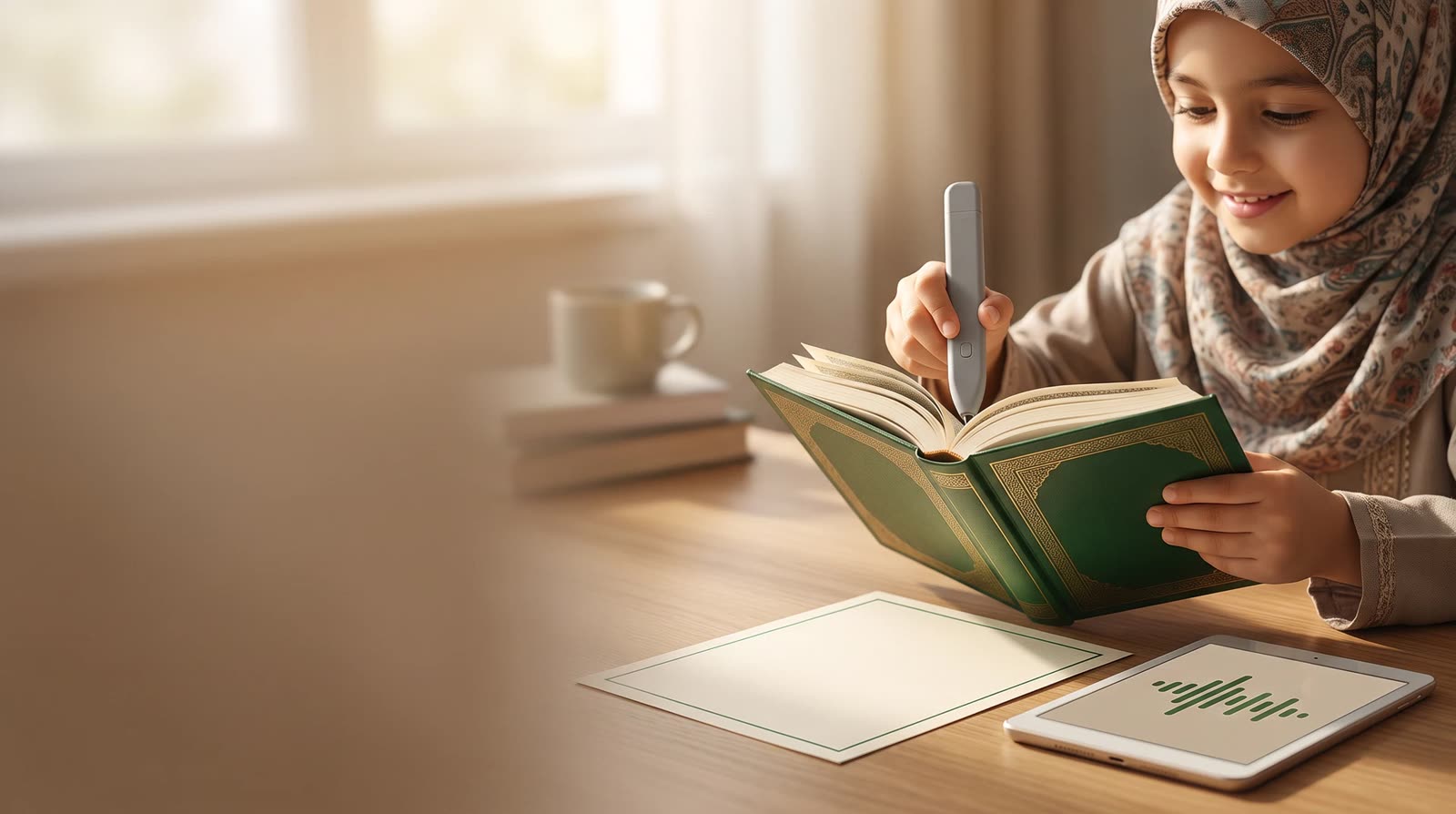 Child using a Quran learning book and pen beside a green script-free proof spread