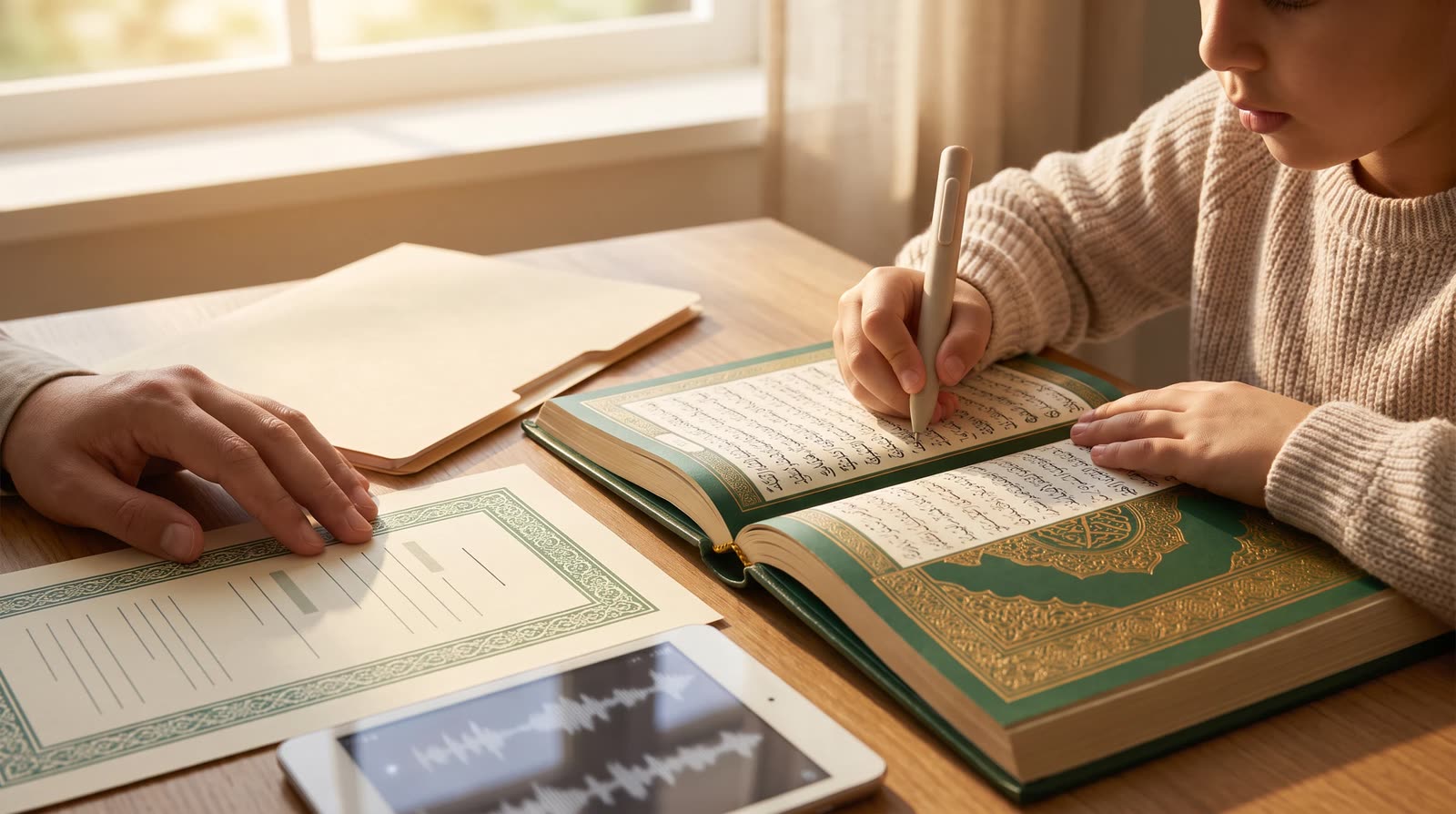 Child and parent reviewing a Quran learning book with blank editorial cards