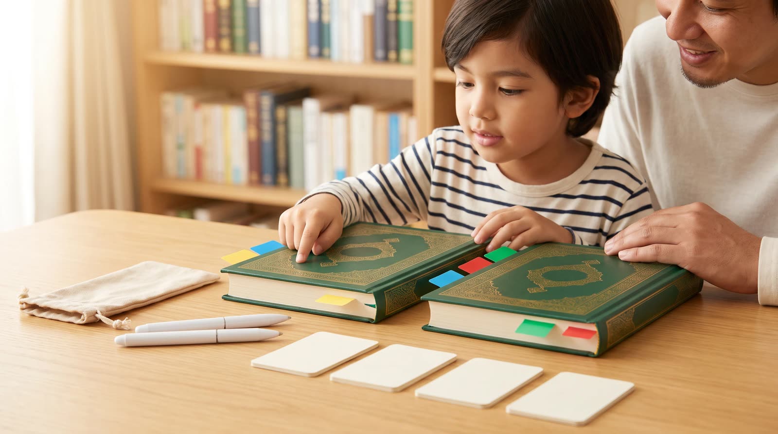 Child and parent reviewing colour-coded Quran learning book editions and blank change cards