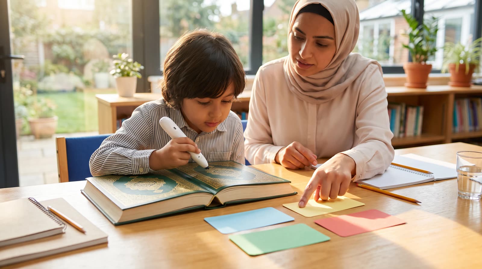 Teacher and child reviewing a Quran learning book beside blank decision cards