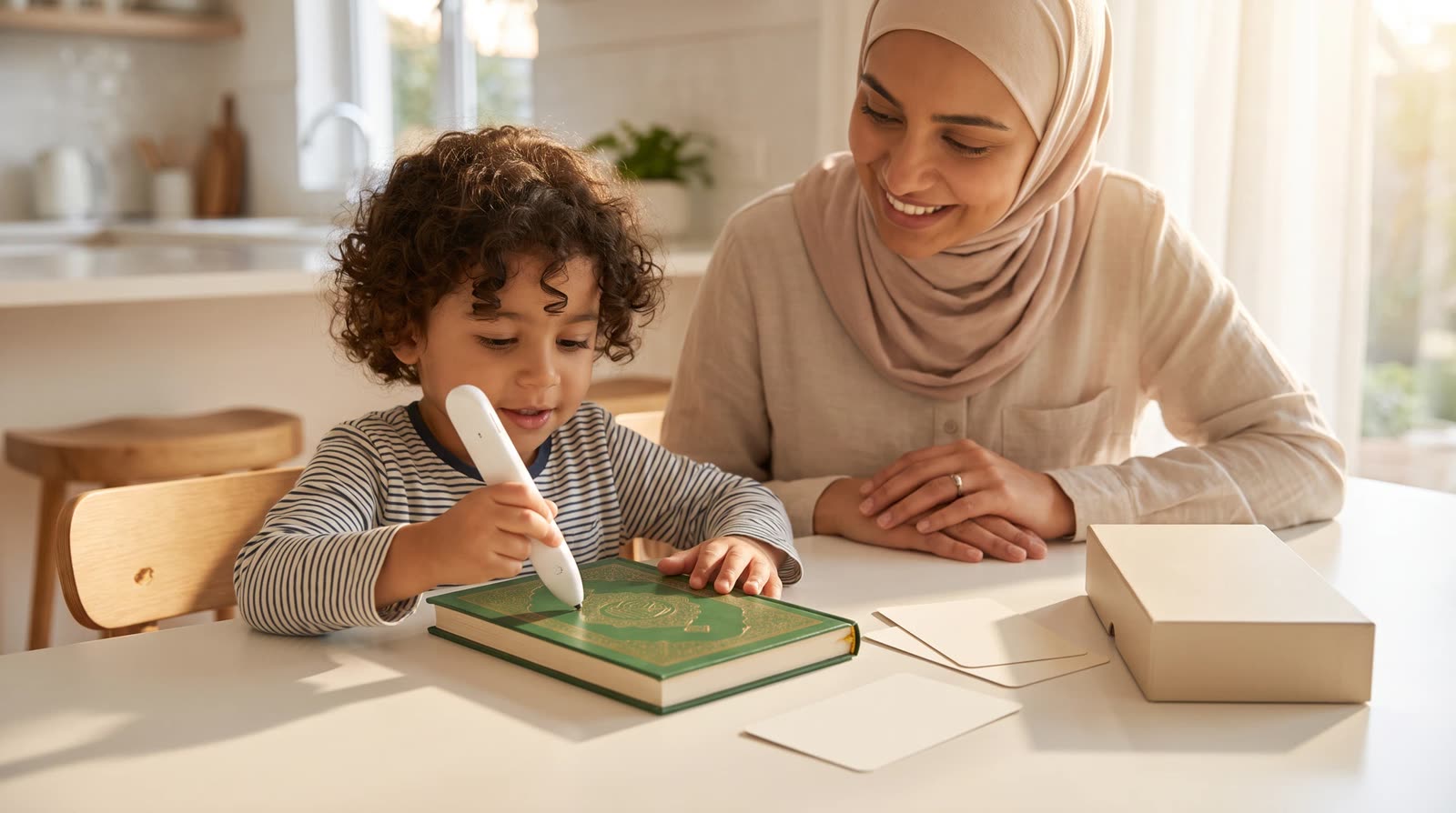 Parent and child reviewing a Quran learning book with an unbranded retail box