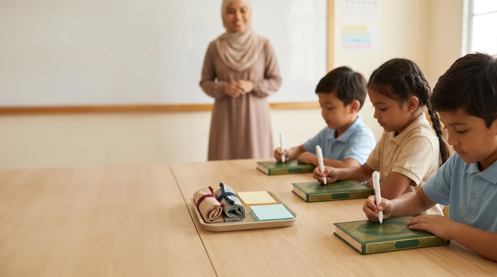 Teacher and children using Quran learning books and reading pens in a bright classroom