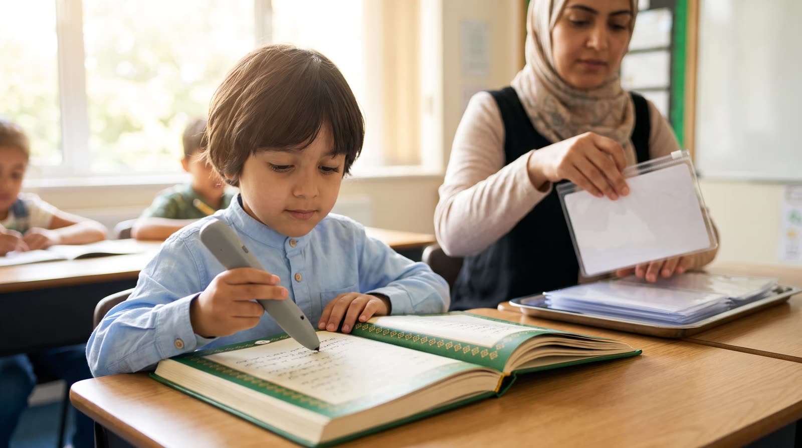 Child using a Quran learning pen while a teacher reviews blank pilot cards