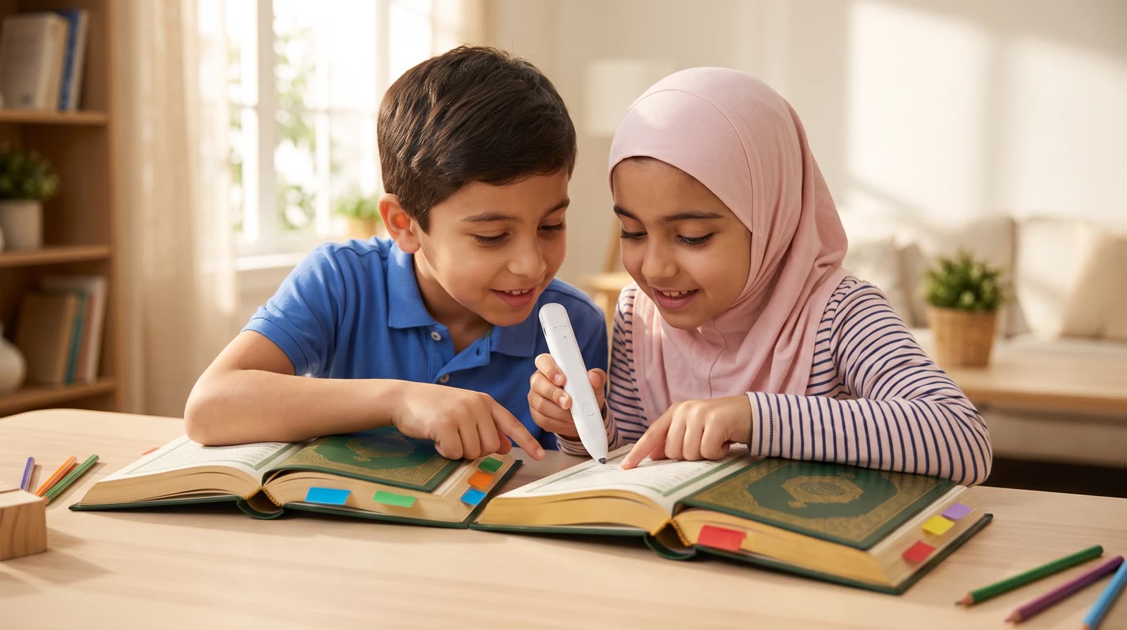 Two children sharing an interactive reading activity with books and a reading pen