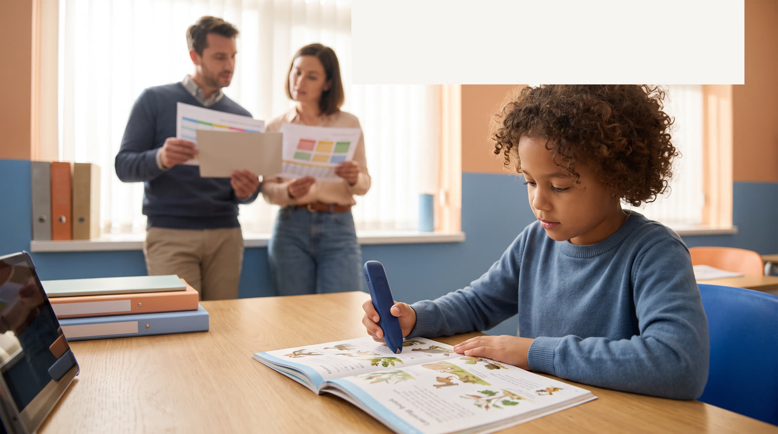 Child using an unbranded reading pen and book materials for Reading Pen School Tender