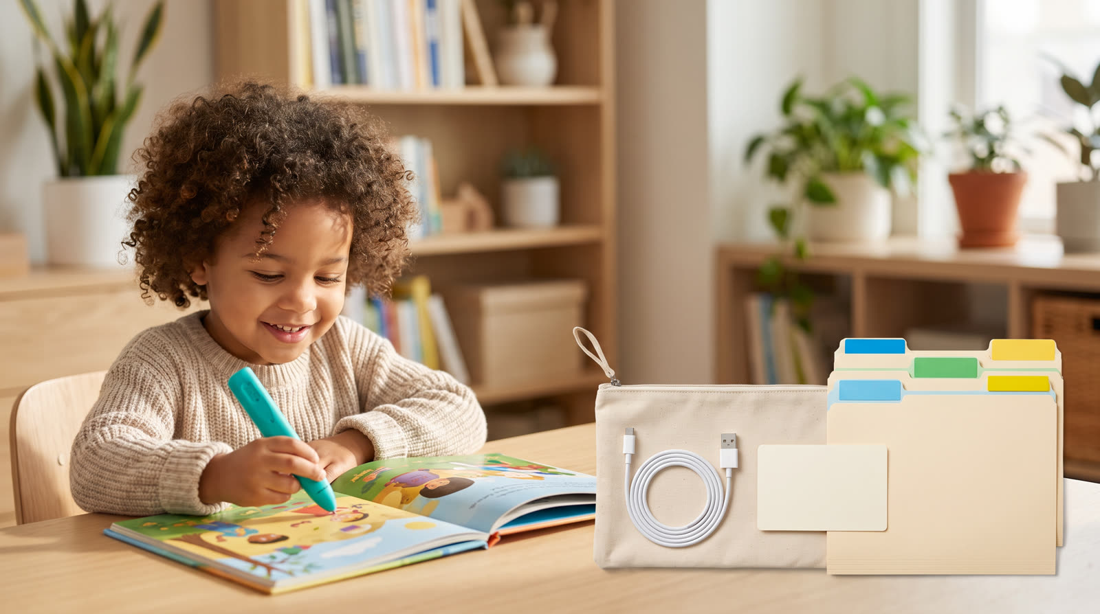 Child using an unbranded reading pen and book materials for Reading Pen Distributor Onboarding Kit