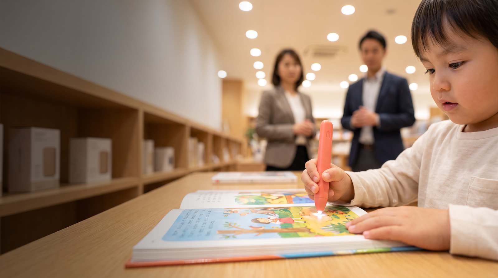 Child using an unbranded reading pen and book materials for Reading Pen Product Demonstration