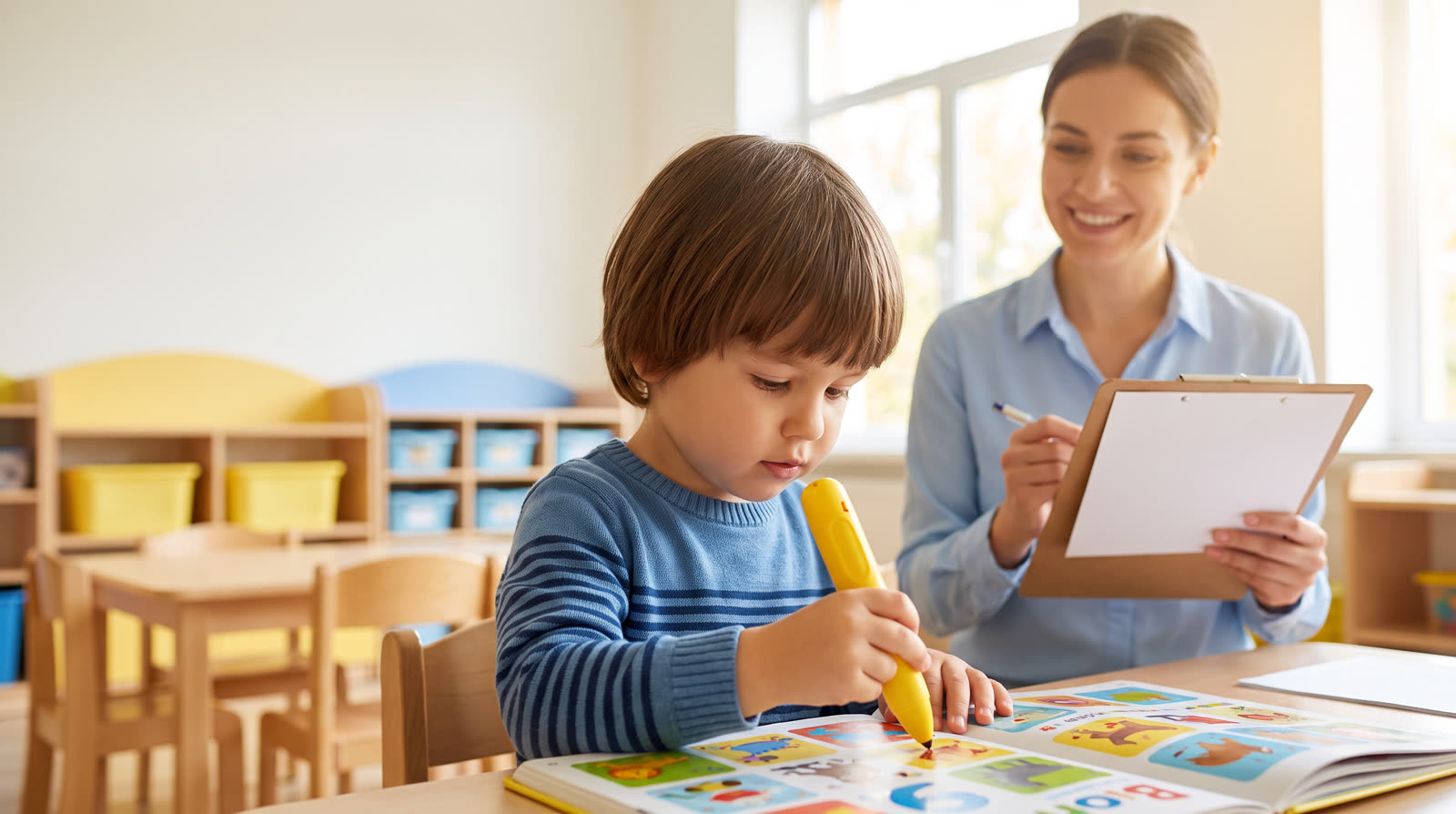 Child using an unbranded reading pen and book materials for Reading Pen Pilot Feedback Form