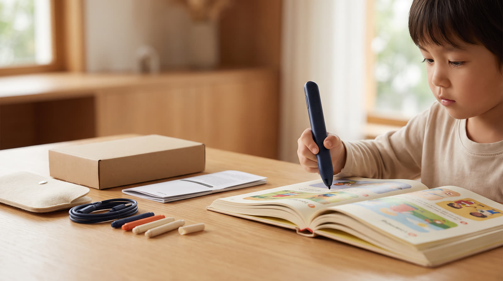 Child using an unbranded reading pen and book materials for Reading Pen Launch Readiness Review