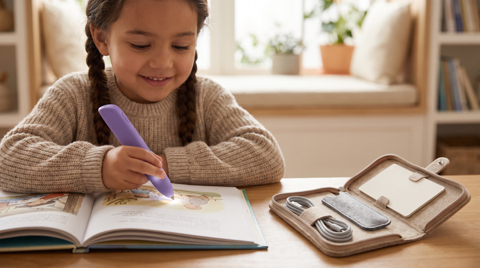 Child using an unbranded reading pen and book materials for Reading Pen Spare Parts Support