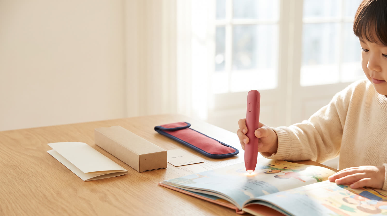 Child using an unbranded reading pen and book materials for Reading Pen User Manual