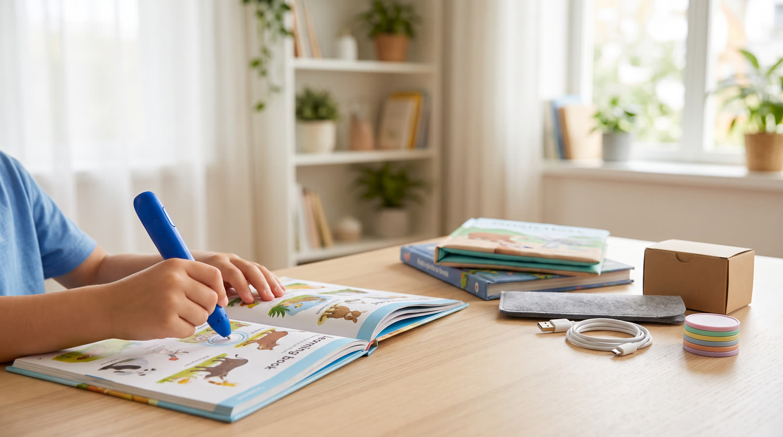 Child using an unbranded reading pen and book materials for Reading Pen Education Programme Bundle