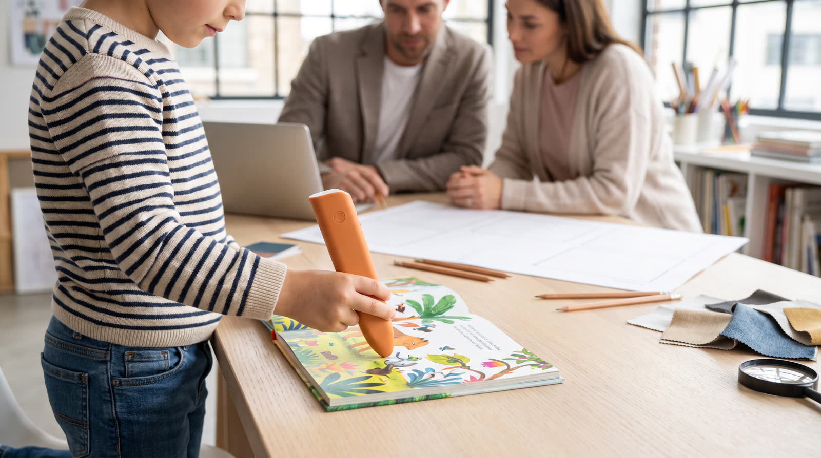 Child using an unbranded reading pen and learning materials for a interactive book pen buyer guide