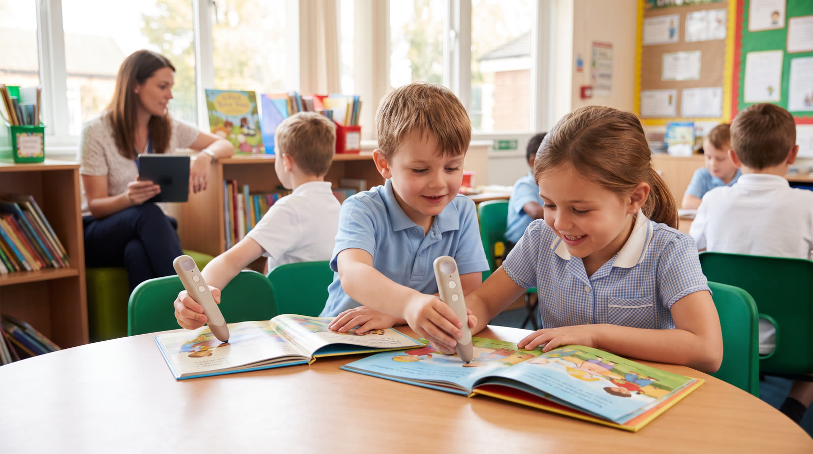 Child using an unbranded reading pen and learning materials for a reading pen for kids buyer guide