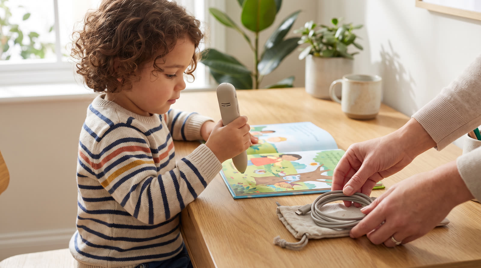 Child using an unbranded reading pen and learning materials for a rechargeable talking pen buyer guide