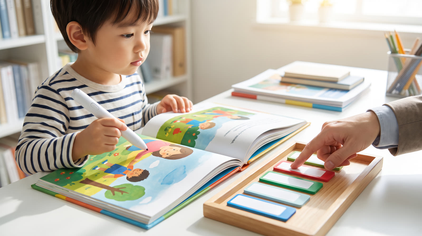 Child using an unbranded reading pen and learning materials for a talking pen compatible books buyer guide