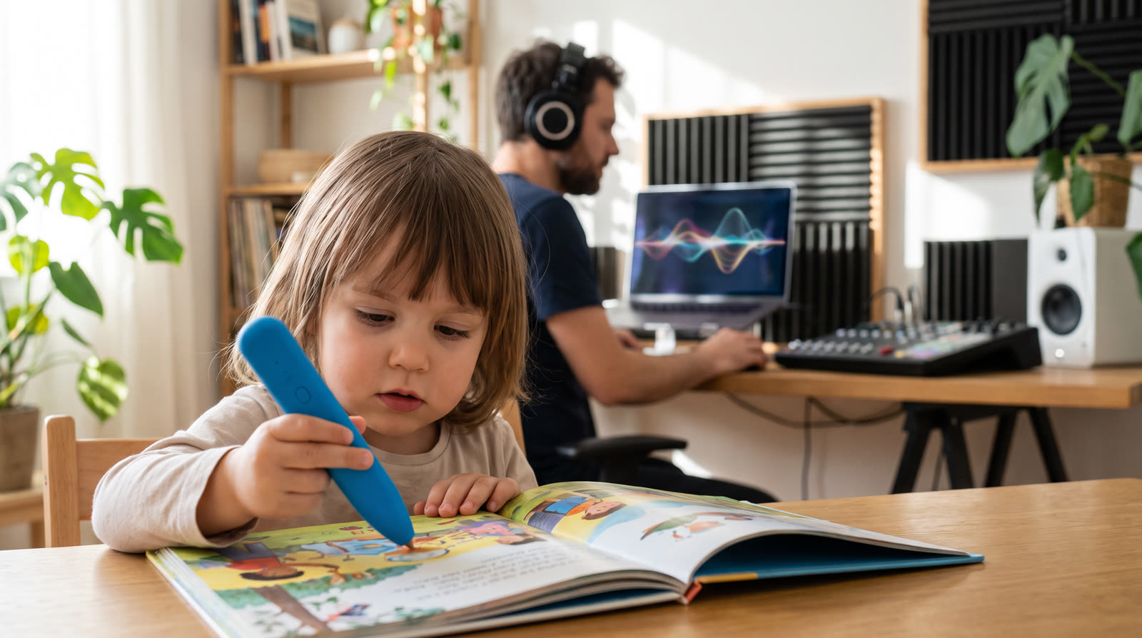 Child using an unbranded reading pen and learning materials for a talking pen audio download buyer guide