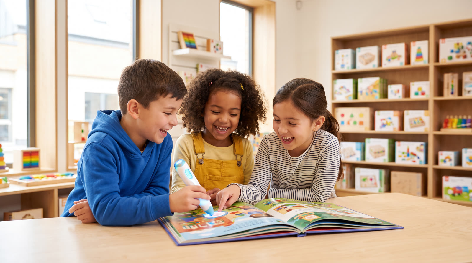 Child using an unbranded reading pen and learning materials for a interactive book set for kids buyer guide
