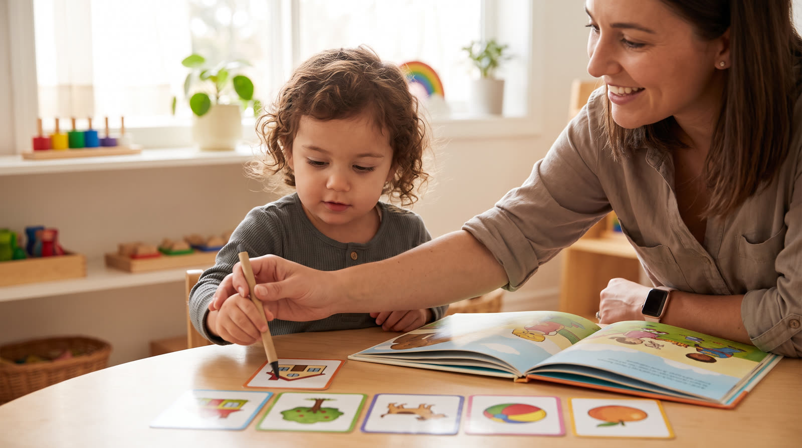 Child using an unbranded reading pen and learning materials for a talking pen sight words buyer guide