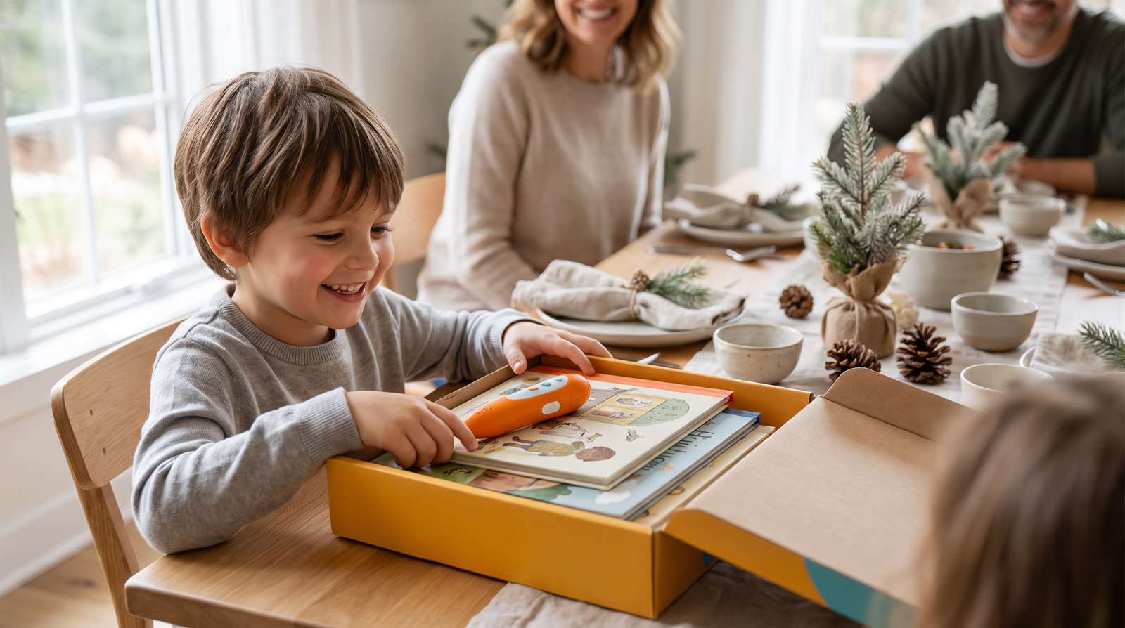 Child using an unbranded reading pen and learning materials for a talking pen gift for kids buyer guide
