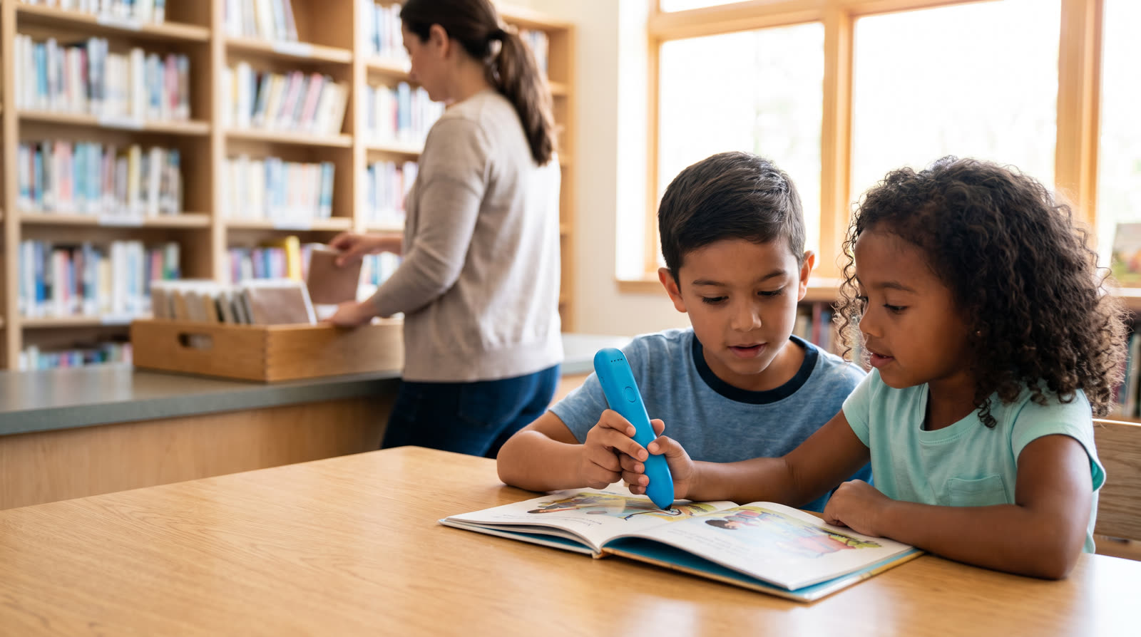 Child using an unbranded reading pen and illustrated learning materials for a talking books for kids buyer guide