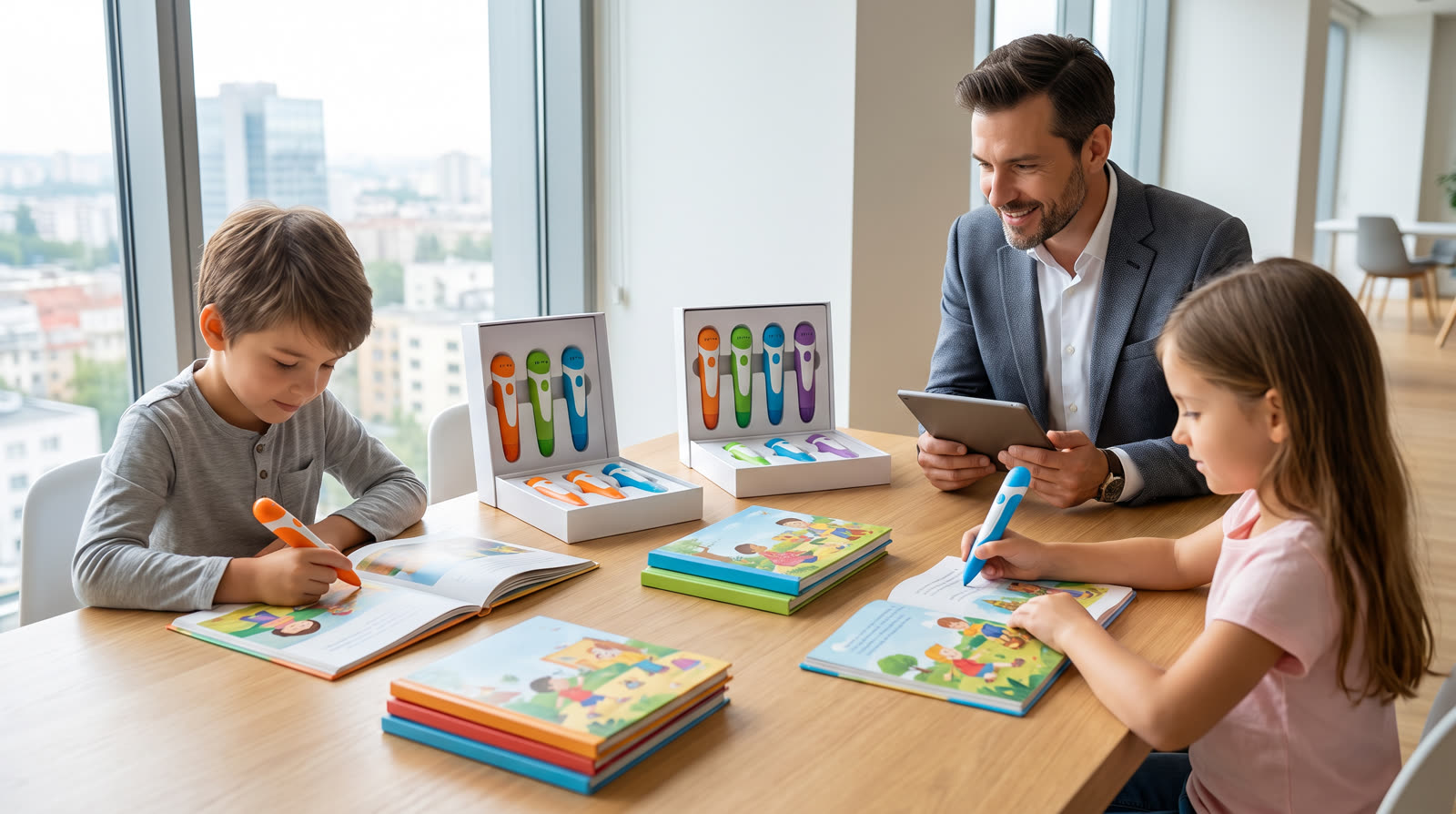 Child using an unbranded reading pen and illustrated learning materials for a talking pen book set buyer guide