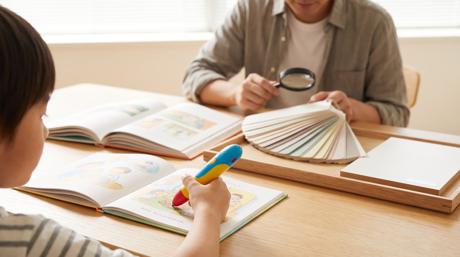 Child using an unbranded reading pen and illustrated learning materials for a talking pen for kids buyer guide