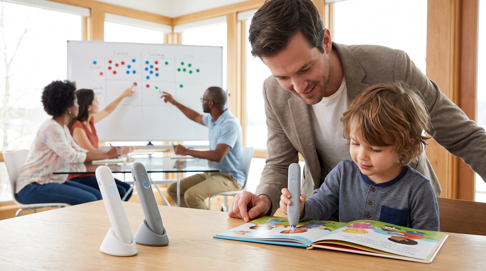 Child using an unbranded reading pen and illustrated learning materials for a smart reading pen buyer guide
