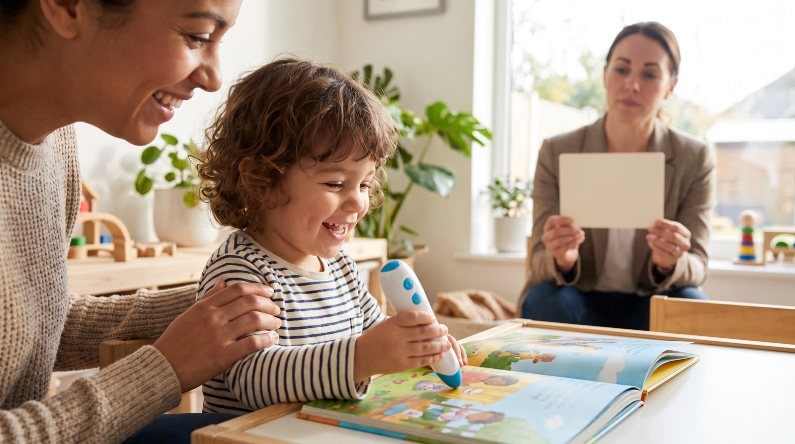 Child using an unbranded reading pen and illustrated learning materials for a toddler talking pen age buyer guide