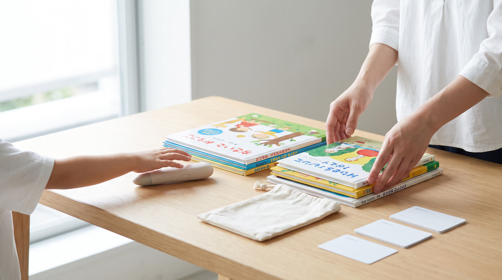 Child using an unbranded reading pen and illustrated learning materials for a talking pen book set buyer guide