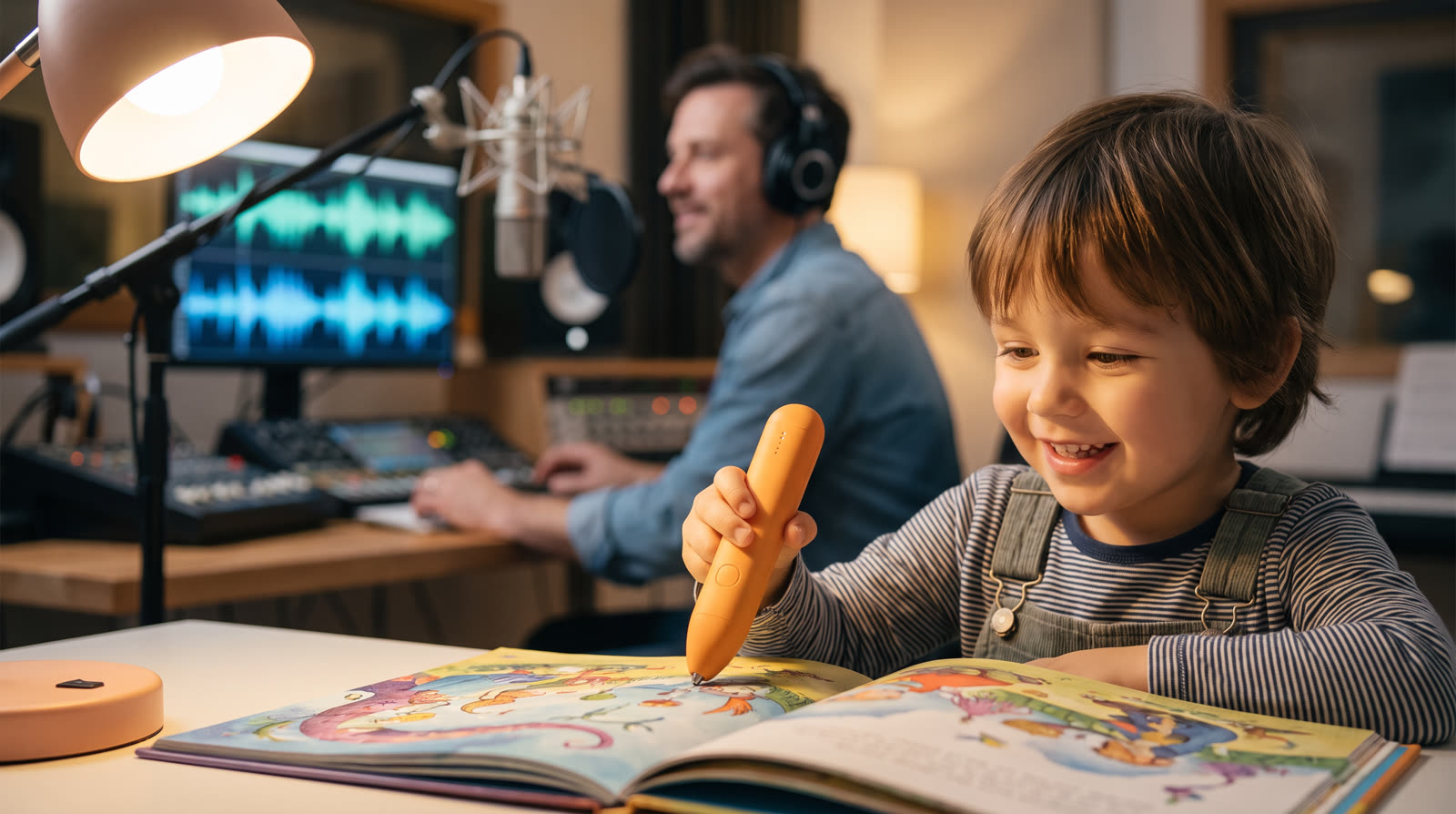 Child using an unbranded reading pen and illustrated learning materials for a talking pen pronunciation buyer guide