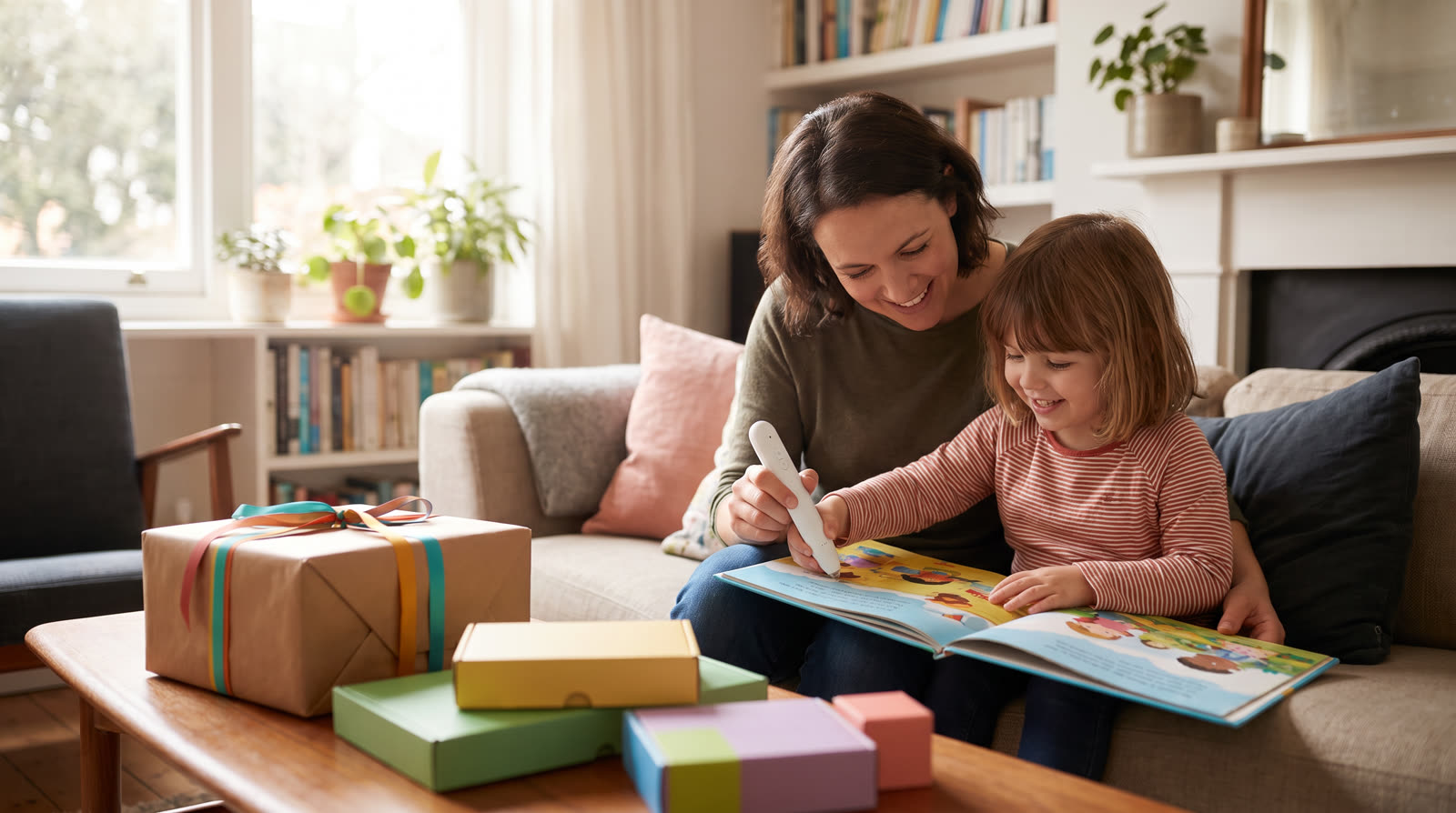 Child using an unbranded reading pen and illustrated learning materials for a screen free learning toy buyer guide