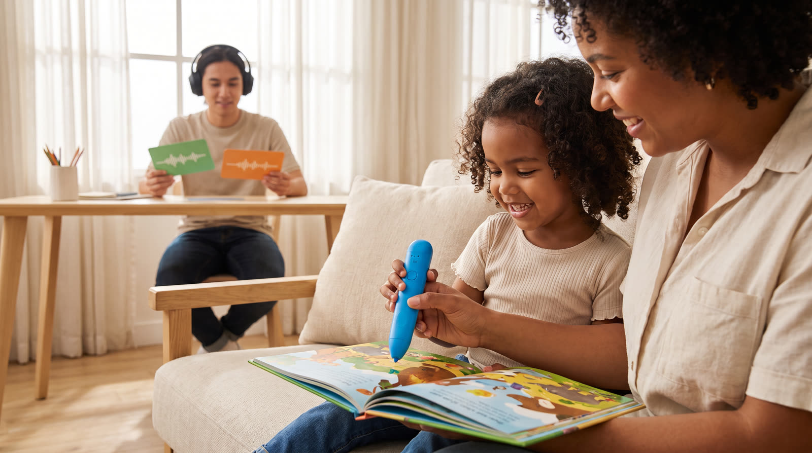 Child using an unbranded reading pen and illustrated learning materials for a bilingual talking pen buyer guide