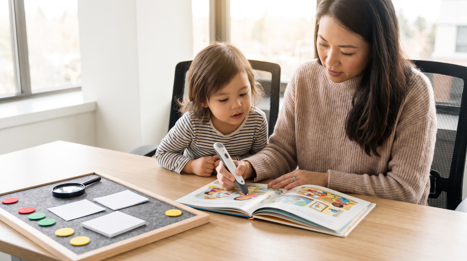 Child using an unbranded reading pen and illustrated learning materials for a best talking pen for kids buyer guide