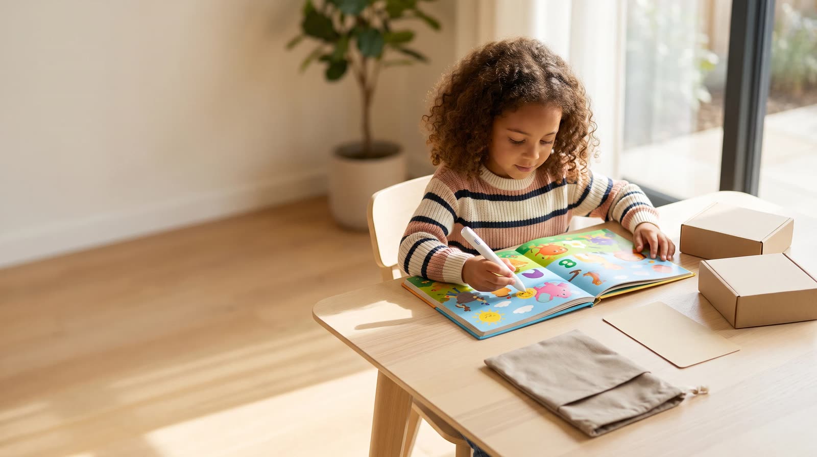 Child using an unbranded reading pen with an interactive learning book during an importer sourcing roadmap for the current buying cycle