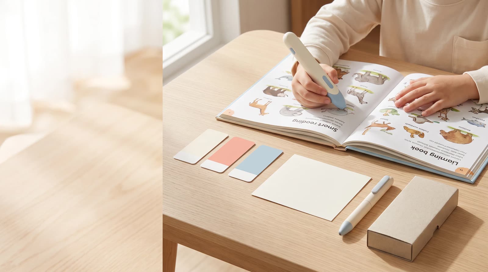 Child using an unbranded reading pen with an interactive learning book during a brand-owner quotation brief