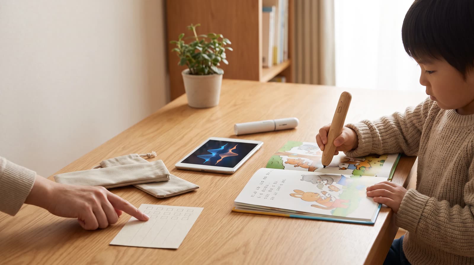Child using an unbranded reading pen with an interactive learning book during a first supplier discovery call