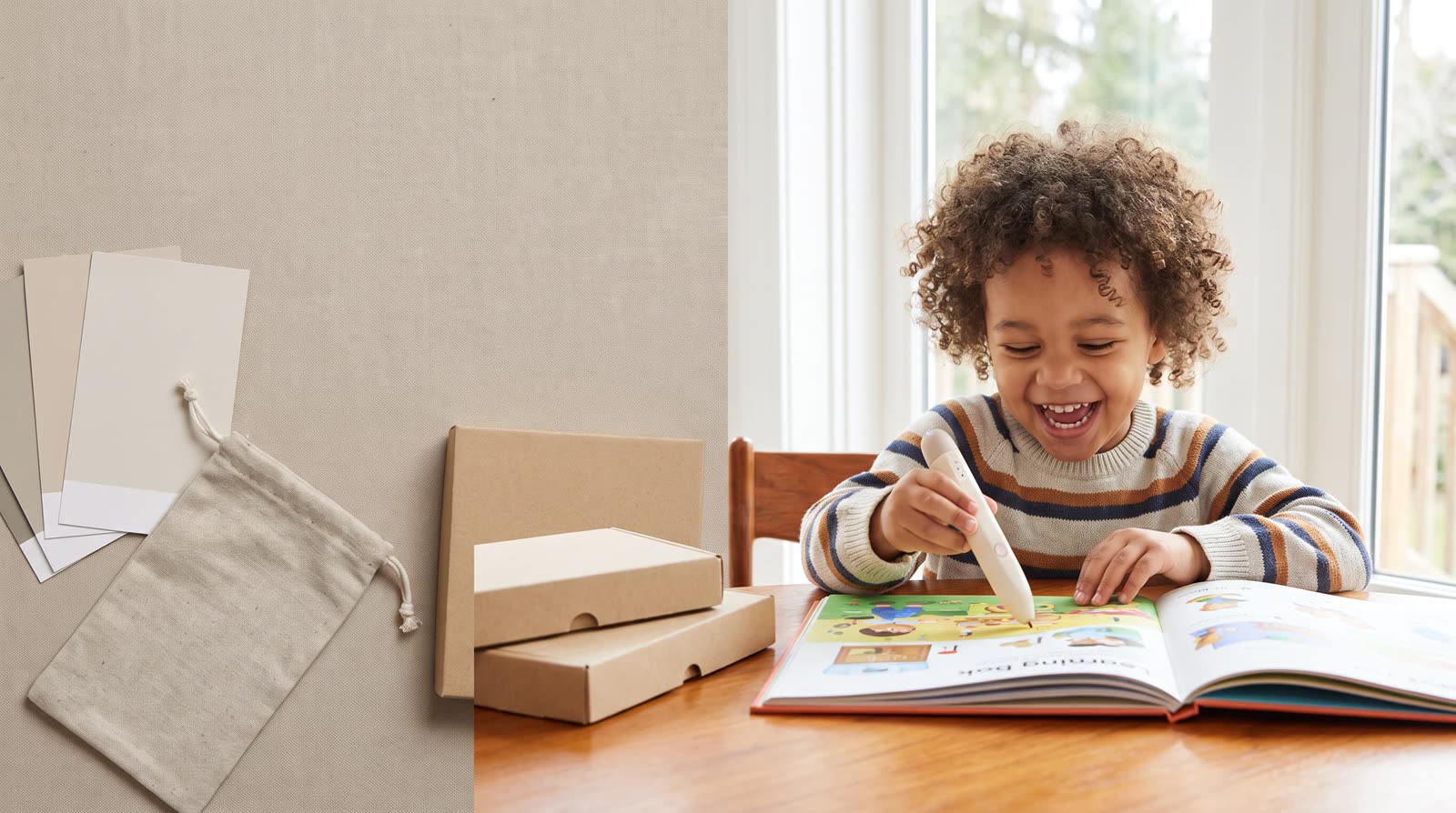 Child using an unbranded reading pen with an interactive learning book during global-brand supplier qualification