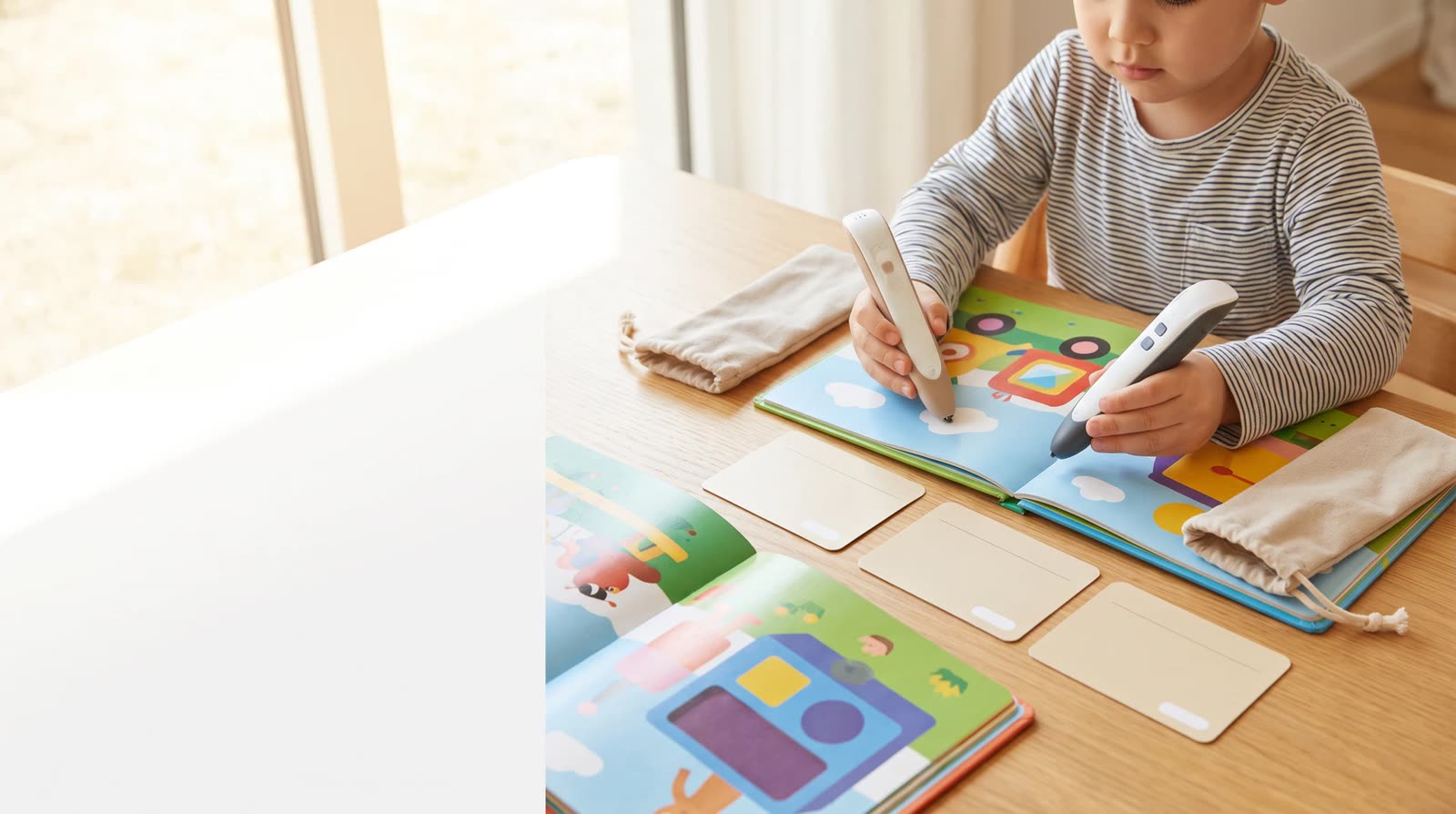 Child using an unbranded reading pen with an interactive learning book during a comparable supplier-scorecard exercise