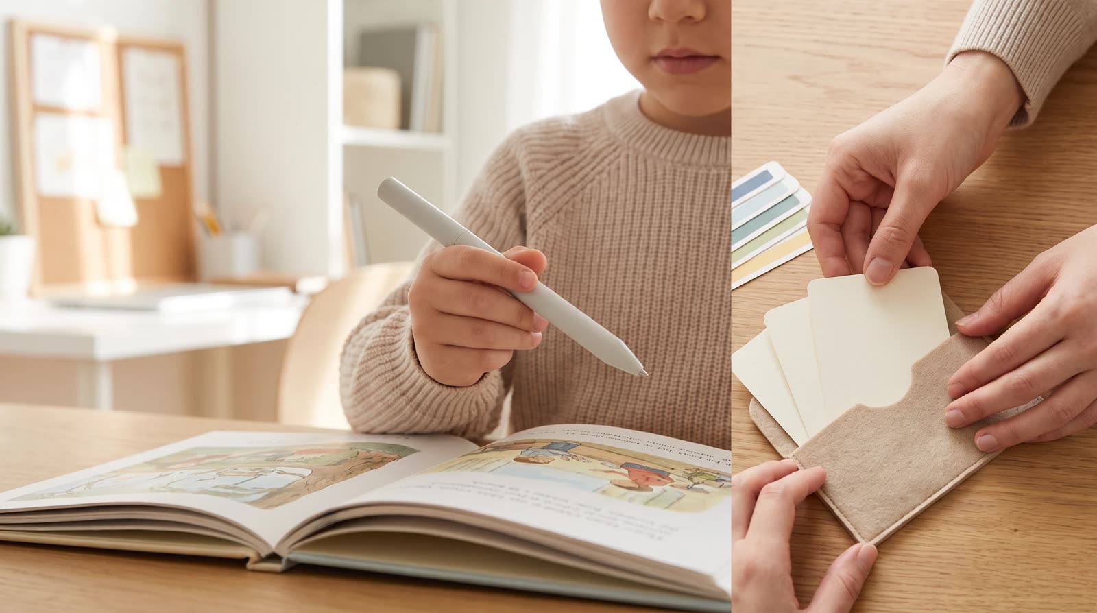 Child using an unbranded reading pen with an interactive learning book during custom development scheduling
