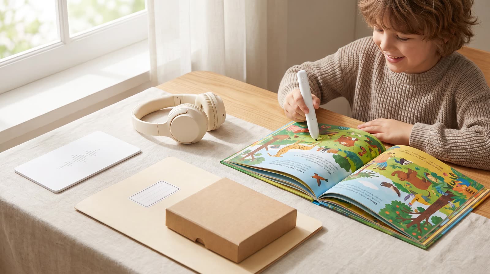 Child using an unbranded reading pen with an interactive learning book during hardware-and-content workflow planning