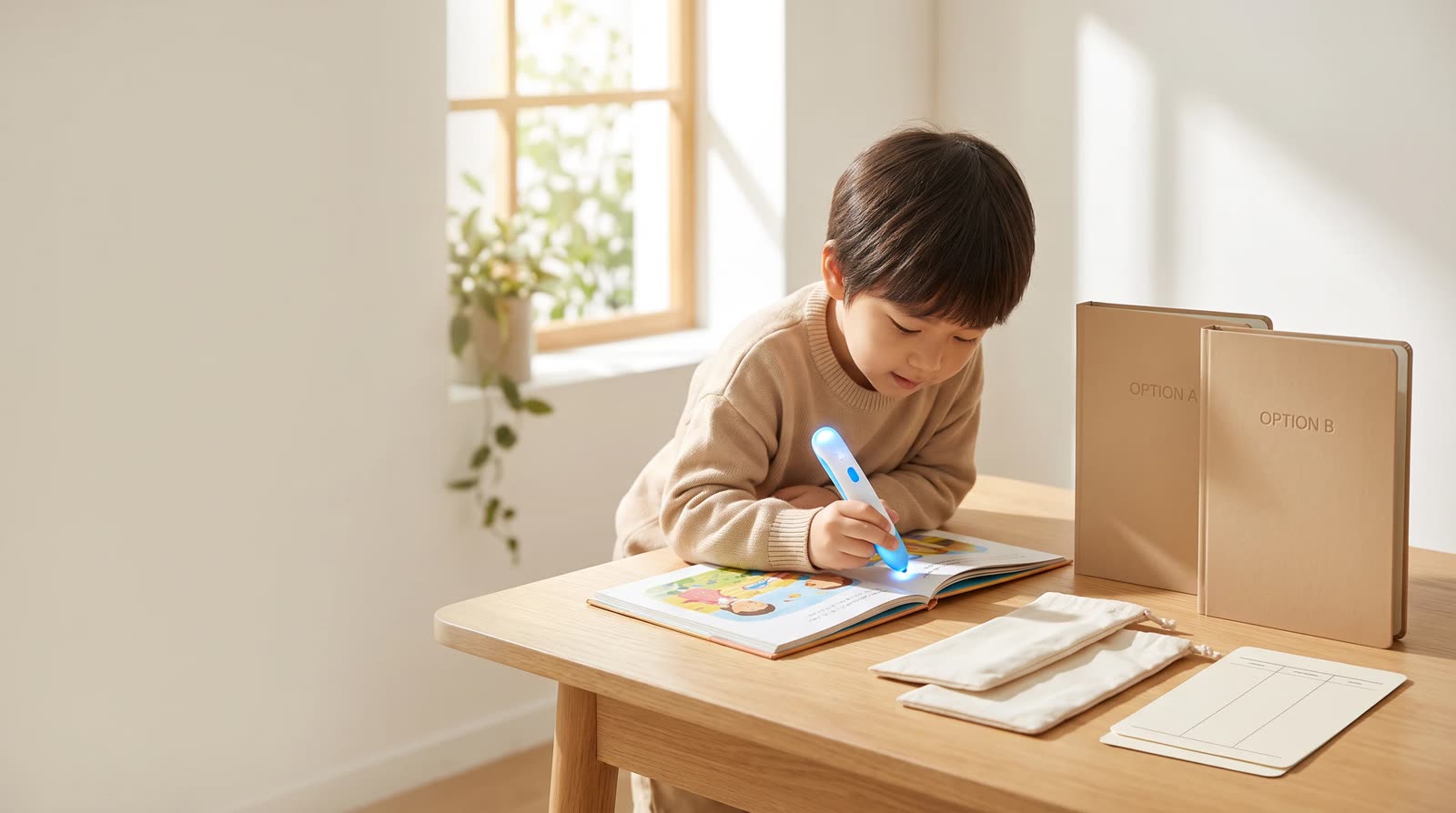 Child using an unbranded reading pen with an interactive learning book during factory-versus-trading-company sourcing